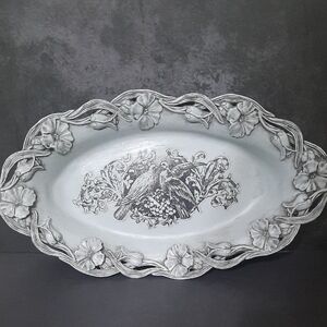 Ornate Painted Silver Or Pewter Decorative Tray with Bird Design